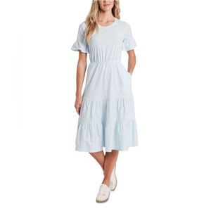 CECE Womens Blue Ruffled Tiered Floral Short Sleeve Scoop Neck Midi Dress PS